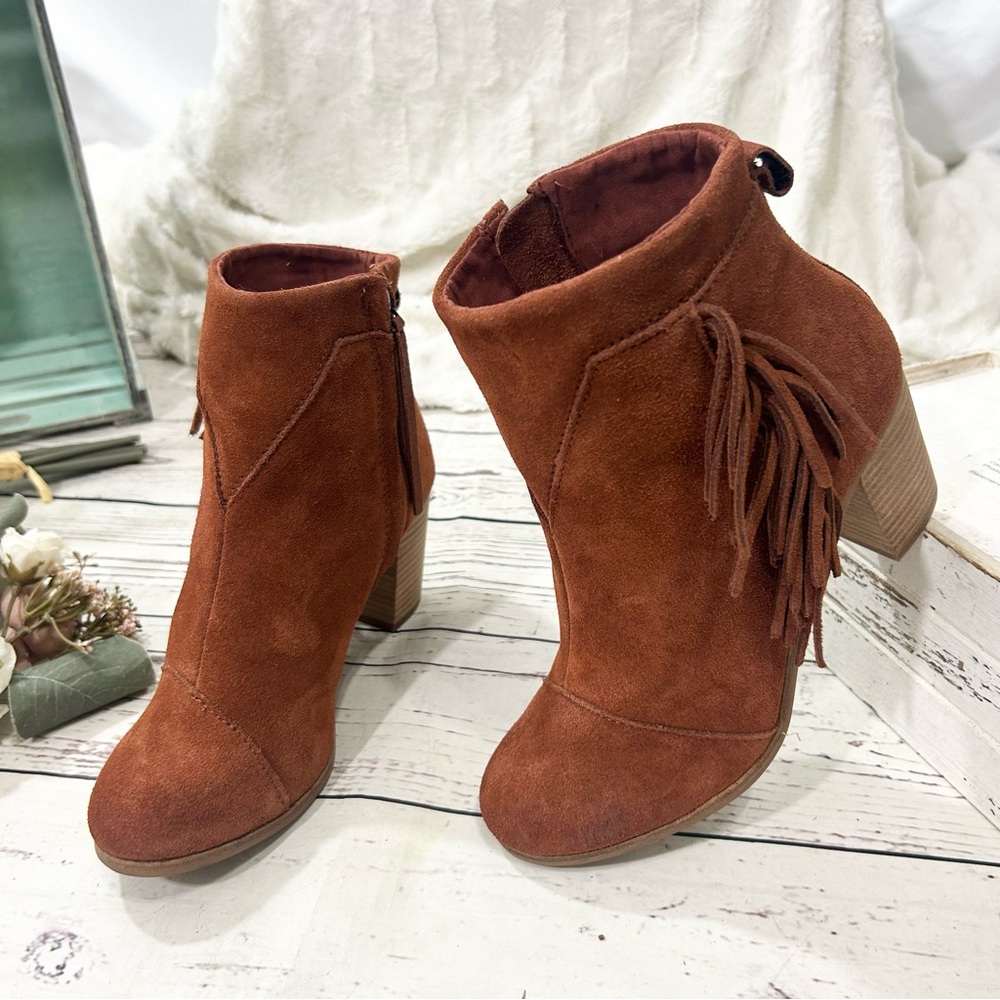 toms lunata western boho cognac fringe ankle suede booties nwt - Picture 4 of 9